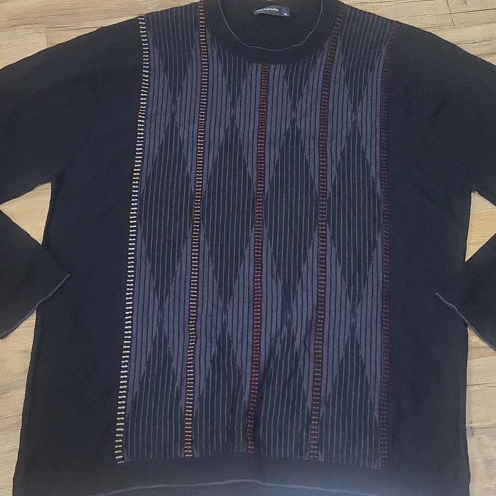 GUY LAROCHE Black Gray Orange Brown Wool Tencel Crewneck Lightweight Sweater